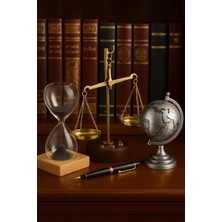 Hediye Filesi Dekoratif 3’lü Ofis Masa Seti Terazi, Manyetik Kum Saati ve Gri Metal Dünya Küresi Premium Hediye