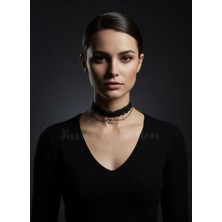 Jivva's Collection Gotik Siyah Dantel Choker. Altın Rengi Zirkon Taş Chanel Temalı Choker Ayarlanabilir Zincir