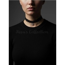Jivva's Collection Gotik Siyah Dantel Choker. Gümüş Rengi Zirkon Taş Detaylı Chanel Temalı Choker Ayarlanabilir Zincir