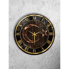 Olinpa Kırılmaz Cam Duvar Saati , Hem Tablo Hem Saat Yuvarlak Siyah Gold Al Bayrak Temalı Ev Ofis Hediyesi