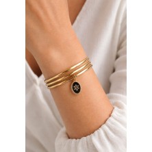 BLK Kadın Gold Renk Çoklu Halka Bileklik – Siyah Oval Taşlı Charm Detaylı