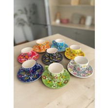 Artistic Quality Dekoratif 8 Kişilik Şık Lale Çini Tasarımlı Tamamen El Yapımı Kahve Fincan Seti