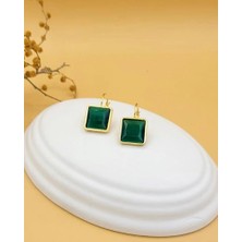 Nevoka Zümrüt Yeşil Kedi Gözü Sıvama Altın Kaplama Iri Kare Küpe