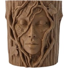 Derin Stok 3D Doğal Ahşap Görünümlü Yüz Detaylı Dekoratif Vazo Sanat Tasarım