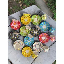 Artistic Quality Dekoratif 12 Kişilik Şık Lale Çini Tasarımlı Tamamen El Yapımı Kahve Fincan Seti