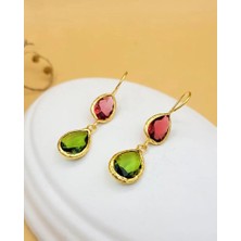 Nevoka Pembe Yeşil Kedi Gözü Sıvama Altın Kaplama Çift Damla Küpe