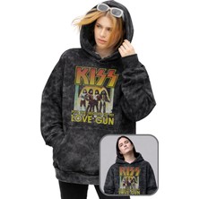 Fuddy Moda Unisex Kiss Love Gun Baskılı Kapüşonlu Yıkamalı Sweatshirt, Oversize Rock Band Temalı Retro Hoodie
