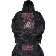 Fuddy Moda Unisex Oversize Kiss Crazy Nights 88 Ense Baskılı Kapüşonlu Yıkamalı Rock Band Sweatshirt