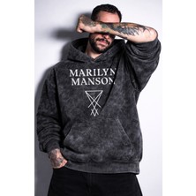 Fuddy Moda Unisex Marilyn Manson Baskılı Kapüşonlu Yıkamalı Sweatshirt, Oversize Rock Band Temalı Retro Hoodie