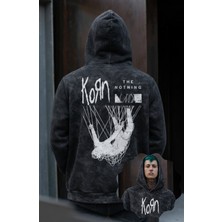 Fuddy Moda Unisex Korn Sırt Baskılı Kapüşonlu Yıkamalı Sweatshirt, Oversize Rock Band Temalı Vintage Hoodie