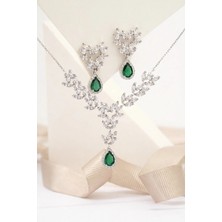 Siset Gümüş 925 Ayar  Rodyum  Kaplama  Damla   Zümrüt  Taşlı  Ikili  Gümüş  Set