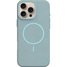 Gtc iPhone 15 Pro Max Uyumlu Magsafe Deri Görünümlü Mavi Renk Silikon Kılıf Kapak