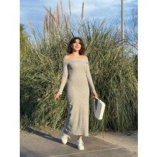 Hsc Bilişim Madonna Yaka Uzun Elbise Şardonlu Kumaş Gri W3753