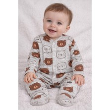 Minisoft Ayıcık Desenli Gri Melanj Pamuklu Patikli Full Çıtçıtlı Bebek Tulumu