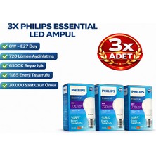Kondel Aydınlatma 3 Adet Philips 8W E27 LED Ampul 6500K Soğuk Beyaz 720 Lümen