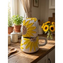 Nivra Grup 2'li Kupa Bardak–kabartmalı El Işlemeli Ay Çiçeği (Güne Bakan) Desenli 190ML. Kahve Kupası Hediyelik