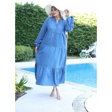 Truva Xxl Büyük Beden Kot Elbise Ön Düğme Detaylı Uzun Kol Likrasız 46-56 Beden Günlük Şık