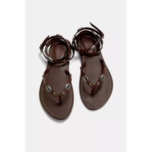 Allbucks Pullbear Deniz Kabuğu Boncuk Detaylı %100 Deri Sandalet ABPNB3760