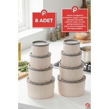 Pazarika 8'li Çizgili Yuvarlak Saklama Kabı Seti Bej (3l - 1.8l - 1l - 0.55L) Mikrodalga & Dondurucu Uyumlu