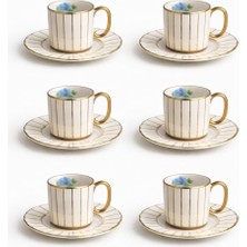 Meturas Gold Detaylı 6’lı Porselen Kahve Fincan Takımı - Gold Kulp & Kenar, Çizgili Tasarım, Mavi Çiçek Desenli, 12 Parça (6 Fincan + 6 Tabak)