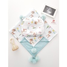 Özgürce Ağaçlı Büyük Ponponlu Müslin Bebek Battaniyesi ve Yastık Seti 85X90