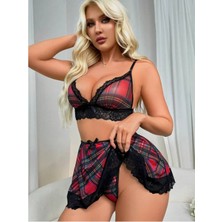 İlk El Grup Ieg™  Fantezi Seksi Dantelli Ekose Sütyen Mini Etek Takım TG2710128