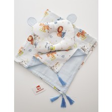Özgürce Rahat ve Şık Hayvan Temalı Müslin Bebek Battaniyesi ve Kulaklı Yastık Seti