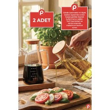 Pazarika 2'li Bambu Kapaklı Borosilikat Cam Yağdanlık Seti 900 ml - Akıtmaz Cam Yağlık Sirkelik Seti