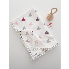 Özgürce Yumuşak Kalpli Ponponlu Çift Katlı Müslin Bebek Battaniyesi 85X90