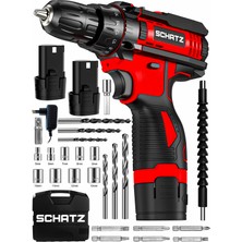 Schatz 12V Çift Akülü Çelik Şanzıman Bakır Sargılı Şarjlı Vidalama Matkap Kırmızı + 24 Parça Set