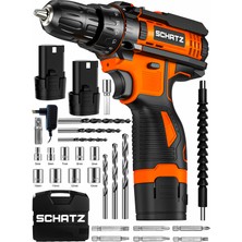 Schatz 12V Çift Akülü Çelik Şanzıman Bakır Sargılı Şarjlı Vidalama Matkap Turuncu + 24 Parça Set