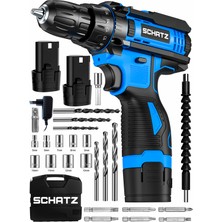 Schatz 12V Çift Akülü Çelik Şanzıman Bakır Sargılı Şarjlı Vidalama Matkap Mavi + 24 Parça Set