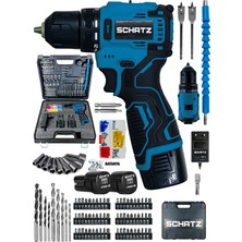 Schatz Profesyonel 12V Kömürsüz Motor Çift Akülü Şarjlı Vidalama Matkap 84 Parça Set Mavi