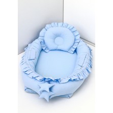 Özgürce Yumuşak ve Güvenli Bebek Uyku Yatağı, 0-2 Yaş, %100 Pamuk, Mavi Fırfırlı