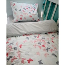 Özgürce %100 Pamuk Bebek/çocuk Park Beşik Yastık ve Çarşaf Seti, Pembe Gri Kelebekli