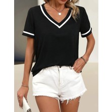 Mç Plus Kadın Kosa Kollu Ribanalı V Yaka ve Kol Detaylı Viskon Bluz