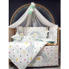 Özgürce Dijital Baskılı Bebek Uyku Seti 60X120, Beşik Kenar Koruma, Aparatlı ve Ponponlu Cibinlik