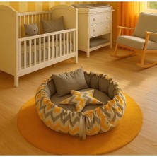 Özgürce Gri-Sarı Çizgili Büyük Boy Organik Kumaş Açılır Kapanır Uyku ve Oyun Minderi