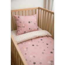 Özgürce Yumuşak Pamuklu Yastık Çarşaf Yorgan Seti, Pembe Ay Yıldız 70X120