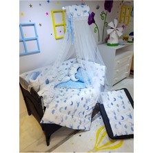 Özgürce Mavi Ay Yıldız Desenli 12 Parça Bebek Uyku Seti, Park Beşik Için