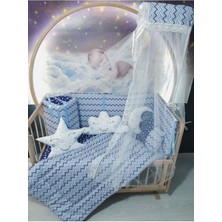 Özgürce 60X120 Bebek Uyku Seti, Cibinlik ve Aparat, Lacivert Zigzag Yıldız Deseni