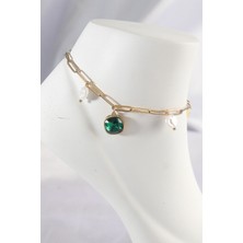 Değirmen Grup 316L Çelik Gold Renk Zümrüt Taş Tasarımlı Halhal - Lisinya