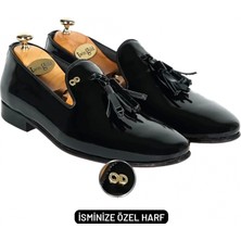 Değirmen Grup Isme Özel Rugan Püsküllü Kösele Erkek Ayakkabı - %100 Hakiki Deri - Gümüş Konseptli - AA01015 - Siyah