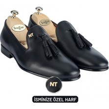 Değirmen Grup Isme Özel Püsküllü Kösele Erkek Ayakkabı - %100 Hakiki Antik Deri - Altın Harf - AA01008 - Siyah