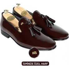 Değirmen Grup Isme Özel Rugan Püsküllü Kösele Erkek Ayakkabı - %100 Hakiki Deri - Gümüş Konseptli - AA01015 - Bordo