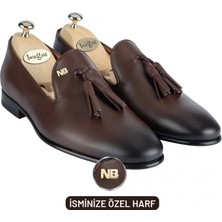 Değirmen Grup Isme Özel Püsküllü Kösele Erkek Ayakkabı - %100 Hakiki Antik Deri - Gümüş Konseptli - AA01013 - Kahverengi