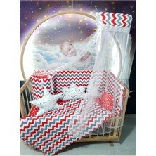 Özgürce 70X130 Bebek Uyku Seti, Cibinlik ve Aparat, Kırmızı Zigzag Yıldız Deseni