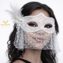 NW NessiWorld Beyaz Dantel Tüllü Peçeli Parti Maskesi – Tüylü Inci Detaylı