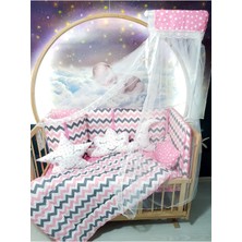 Özgürce Sevimli 60X120 Bebek Uyku Seti, Cibinlik ve Aparat, Pembe Zigzag Yıldız Deseni