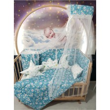 Özgürce Rahat Bebek Uyku Seti 60X120, Cibinlik ve Aparat, Yeşil Çiçek Yıldız Desen